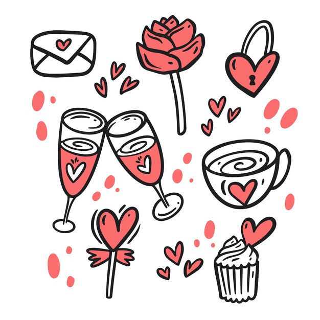 Zestaw Obiektów Doodle Valentine Styl Sztuki Liniowej Sztuki Wektorowej