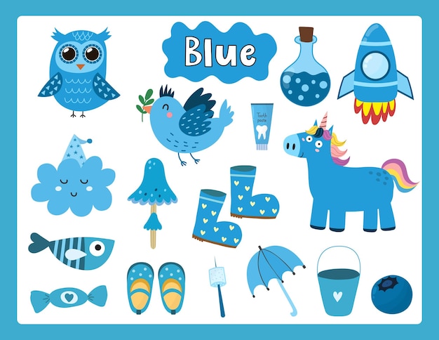 Plik wektorowy zestaw obiektów koloru niebieskiego. fiszki z kolorami podstawowymi z niebieskimi elementami. nauka kolorów dla dzieci