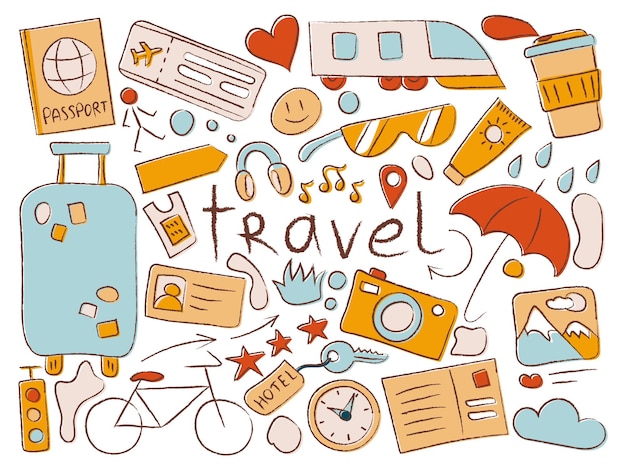 Zestaw obiektów na temat podróży i wakacji z napisem travel. Turystyka, transport