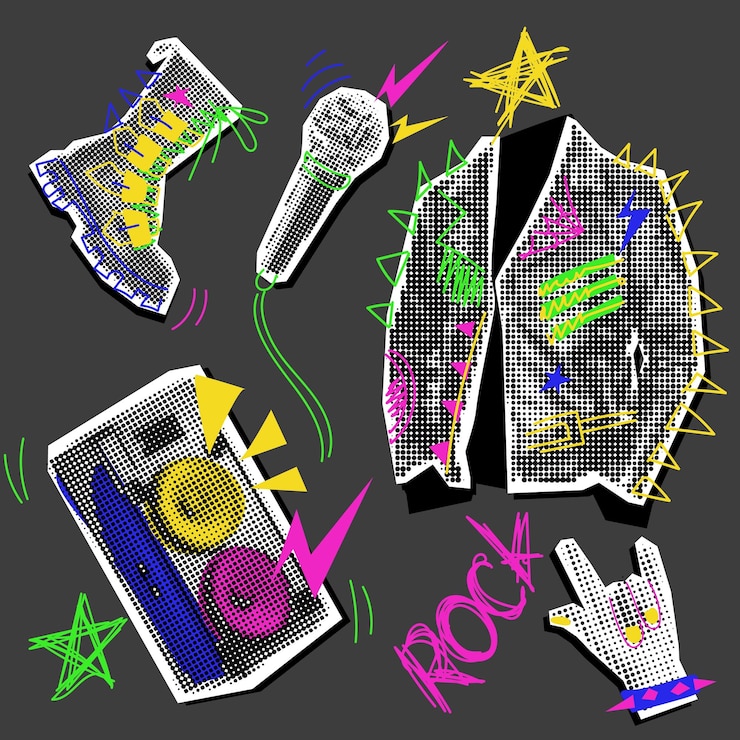 Wektor zestaw obiektów rockowych kolaż w stylu grunge pop art kurtka mikrofon ręczny but głośniki