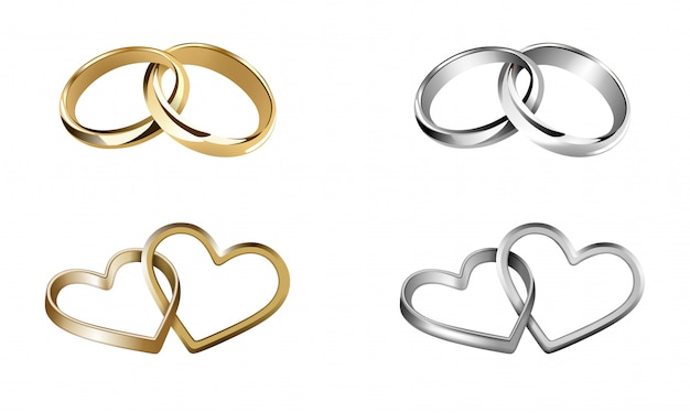 Plik wektorowy zestaw obrączek ślubnych. pierścienie w kształcie serca i okrągłe