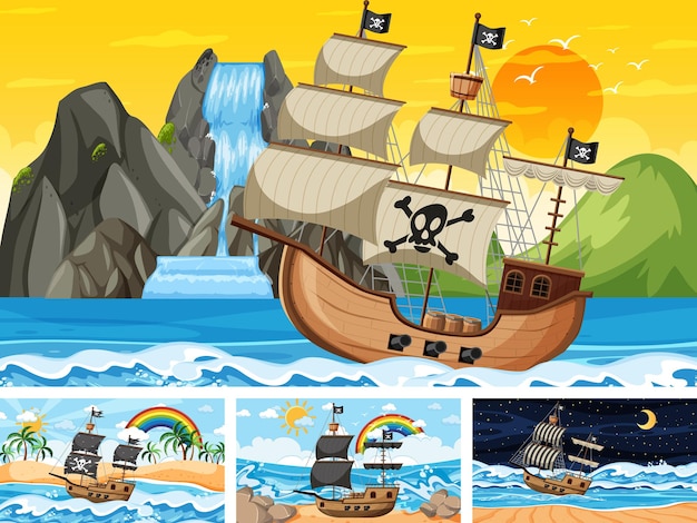 Zestaw Ocean ze statkiem pirackim w różnych scenach w stylu kreskówek