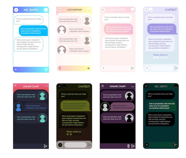 Zestaw Okien Chatbota. Tryb Ciemnej Nocy I światła. Interfejs Użytkownika Aplikacji Z Dialogiem Online. Rozmowa Z Asystentem Robota