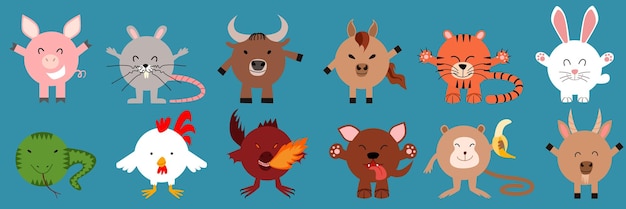 Zestaw okrągłych chińskich zwierząt zodiaku