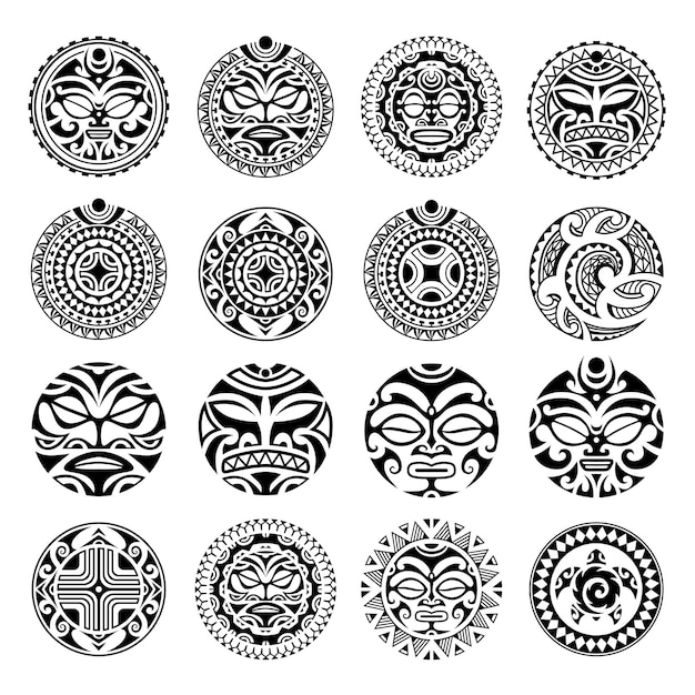 Plik wektorowy zestaw okrągłych maoryskich ornamentów tatuażowych afrykańskich majów w etnicznym stylu plemiennym