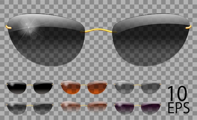 Plik wektorowy zestaw okularów. futurystyczny wąski kształt. przezroczysty inny kolor czarny brązowy fioletowy. okulary przeciwsłoneczne. grafika 3d. unisex kobiety mężczyźni