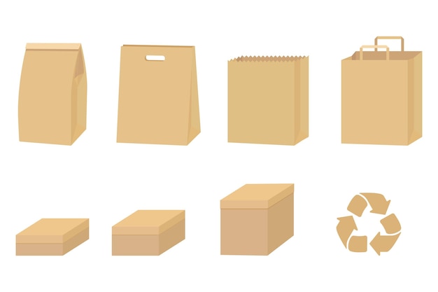 Zestaw opakowań kartonowych na białym tle. Pudełko z papieru z recyklingu i torba Ilustracja wektorowa