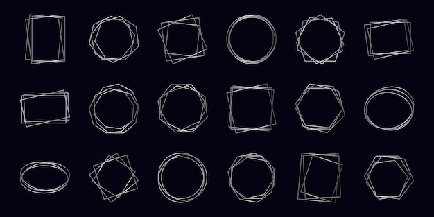 Zestaw osiemnastu srebrnych geometrycznych wielokątnych ramek z efektami lśniącymi na białym tle na ciemnym tle. Puste świecące tło w stylu art deco. Ilustracja wektorowa.