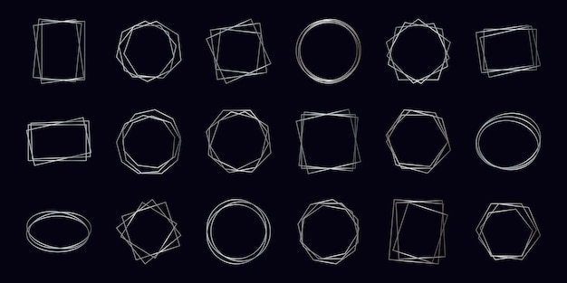 Zestaw Osiemnastu Srebrnych Geometrycznych Wielokątnych Ramek Z Efektami Lśniącymi Na Białym Tle Na Ciemnym Tle. Puste świecące Tło W Stylu Art Deco. Ilustracja Wektorowa.