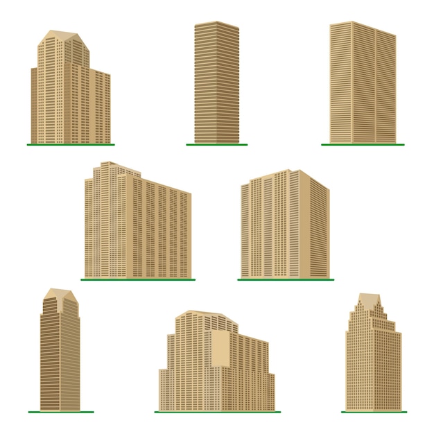 Zestaw Ośmiu Nowoczesnych Wieżowców Na Białym Tle. Widok Budynku Od Dołu. Ilustracja Wektorowa Izometryczny.