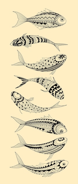 Zestaw Ozdobnych Artystycznych Czarno-białych Rysunków Ryb, Ilustracja Wektorowa Na Białym Tle