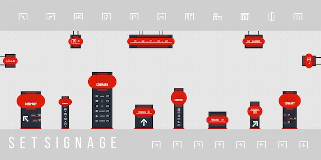 Zestaw Oznakowania Wektor. Zestaw Szablonów Projektu Systemu Kierunkowego, Słupowego, ściennego I Oznakowania Ruchu. Koncepcja Oznakowania Zewnętrznego I Wewnętrznego. Biuro Pomnik Zewnętrzny Znak, Znak Pylonu.