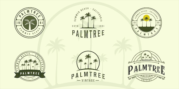 Zestaw Palmy Vintage Logo Wektor Ilustracja Szablon Ikona Projekt Graficzny. Pakiet Kolekcji Różnych Retro Tropikalnych Roślin Na Plaży W Stylu Typografii