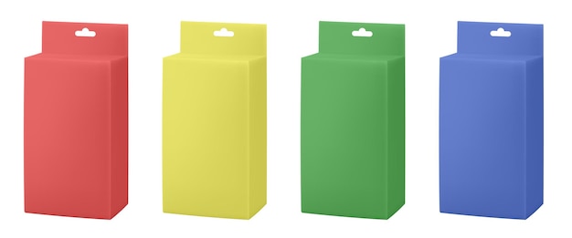 Plik wektorowy zestaw papierowych pudełek do pakowania z makietą opakowania z wiszącym otworem żółte, niebieskie, czerwone i brązowe opakowania