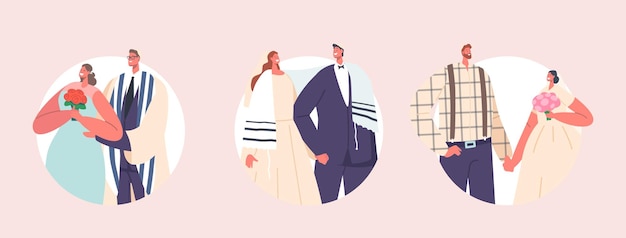 Zestaw Pary żydowskie Ceremonia ślubna Okrągłe Ikony Nowoczesne Postacie żyda Pana Młodego I Panny Młodej Noszą Odświętne Ubrania Nowożeńcy