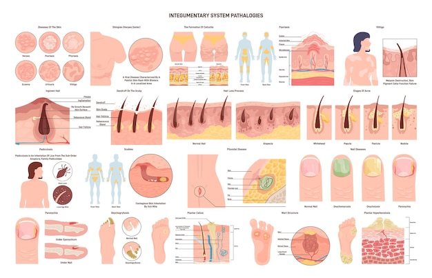 Plik wektorowy zestaw patologii układu powłokowego gruczoły skórne zaburzenia włosów i paznokci