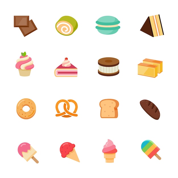 Zestaw pełnokolorowych ikon słodyczy i deserów z płaskim projektem ilustracji wektorowej
