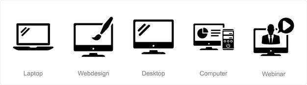 Zestaw pięciu ikon komputerów internetowych jako laptopa, projektowania stron internetowych, pulpitu