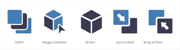 Zestaw pięciu ikon narzędzi graficznych, takich jak Layers Polygon Selection 3D Box