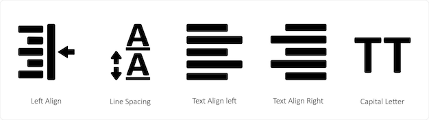 Plik wektorowy zestaw pięciu ikon narzędzi graficznych, takich jak left align line spacing text align left