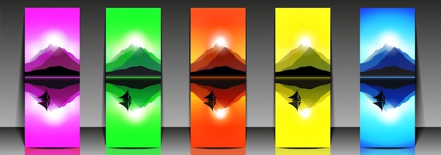 Plik wektorowy zestaw pięciu kolorowych ulotek o górskim krajobrazie z siedmioma szczytami wulkanu i pływającym statkiem w oceanie
