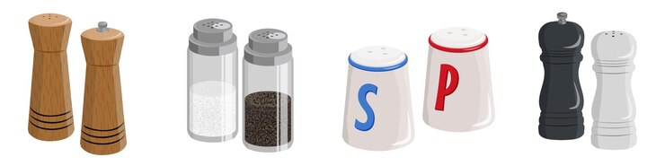 Zestaw pięknych solników i pieprzników w stylu kreskówek Ilustracja wektorowa różnorodnych solnic i pepperników drewniana porcelana szklana z inskrypcjami izolowanymi na białym tle
