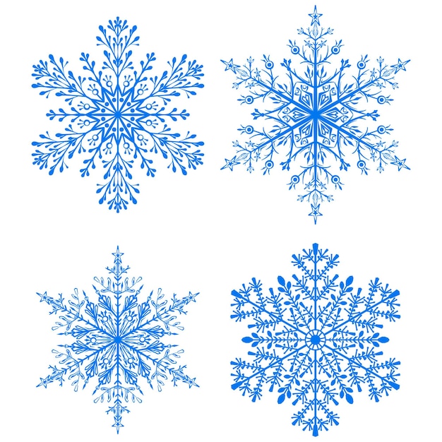 Zestaw pięknych świątecznych płatków śniegu w kolorze niebieskim, na białym tle