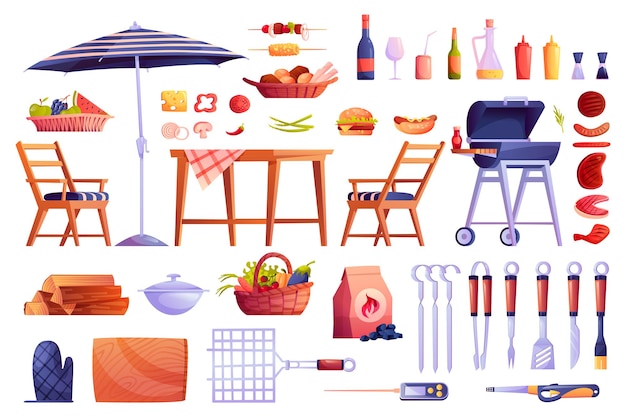 Plik wektorowy zestaw piknik z grillem i grillowanie ikony jedzenie napoje