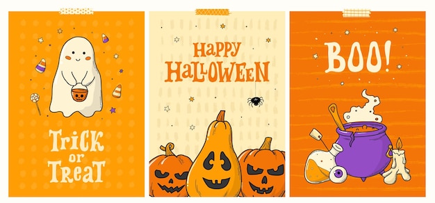 Plik wektorowy zestaw plakatów halloween drukuje karty zaproszenia banery szablony tapety z bazgrołami
