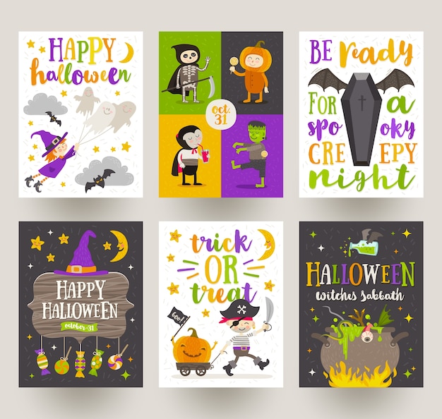 Zestaw Plakatów Halloween Lub Kartkę Z życzeniami Z Postaciami Z Kreskówek, Znak Wakacje, Symbole I Typ Projektu. Ilustracja.