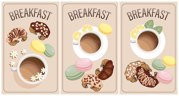 Zestaw Plakatów śniadaniowych Filiżanki Kawy Rogaliki I Francuskie Macarons Menu Plakaty Kawiarnia I Restauracja