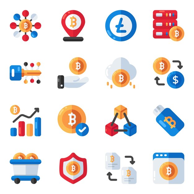 Zestaw płaskich ikon BTC