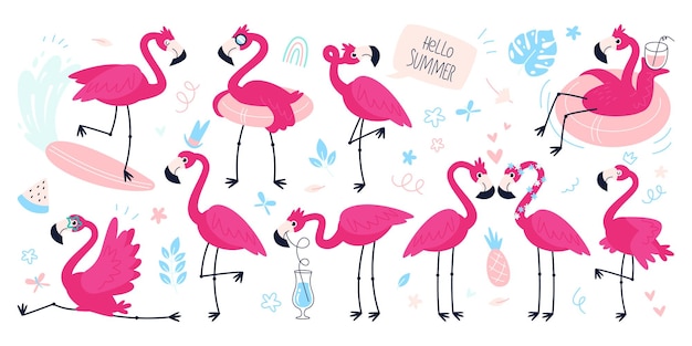 Zestaw płaskich ilustracji postaci flamingów