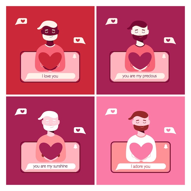 Zestaw Pocztówek Z Mężczyzną Wysyłającym Za Pomocą Swojego Telefonu Miłosną Wiadomość Do Ukochanej Walentynki
