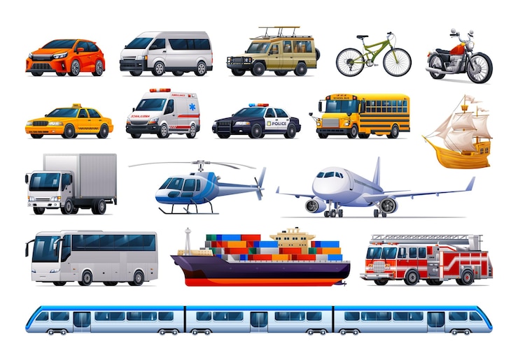 Wektor zestaw pojazdów transportowych różne rodzaje pojazdów ilustracja kreskówka wektorowa