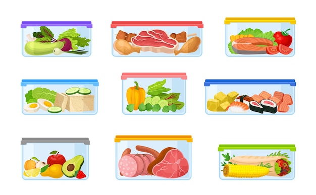 Plik wektorowy zestaw pojemników z warzywami, mięsem, kiełbaskami, rybami ilustracja wektorowa na białym tle