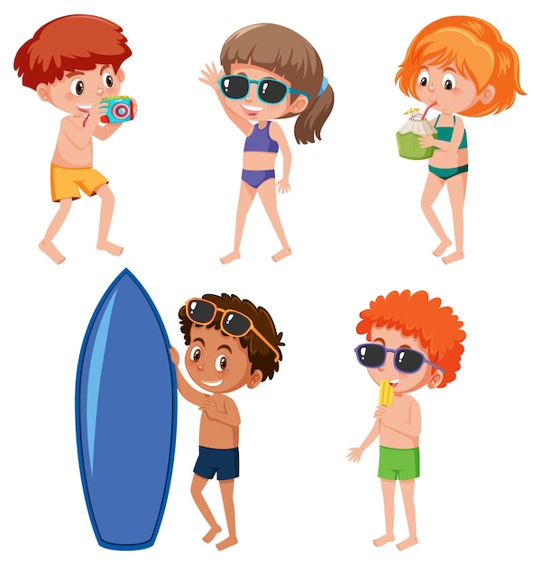Plik wektorowy zestaw postaci z kreskówek dla dzieci w stroju kąpielowym
