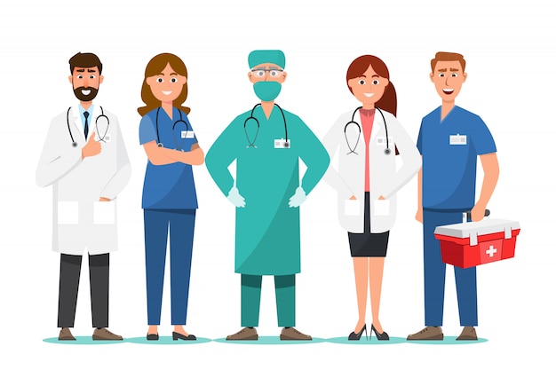 Plik wektorowy zestaw postaci z kreskówek lekarz, personel medyczny zespół koncepcji w szpitalu