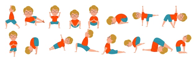 Plik wektorowy zestaw pozycji do jogi dla dzieci chłopiec w okularach ćwiczy jogę
