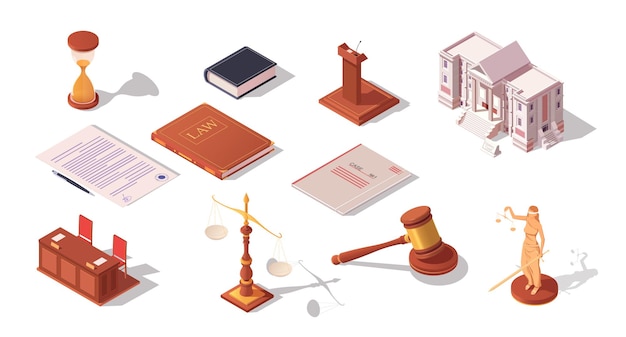 Zestaw prawa i akcesoriów prawnych Trybunał Sprawiedliwości Młotek sędziego Statua Femida Zbiór praw Budynek sądu specjalnej księgi izolowany na białym tle Ilustracja wektora izometrycznego