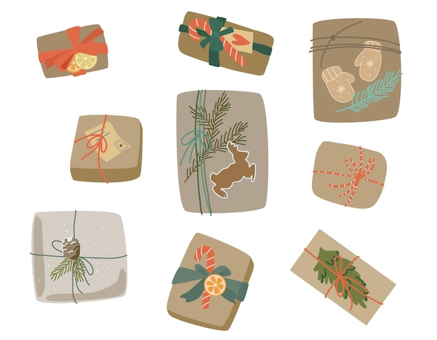 Plik wektorowy zestaw prezentów świątecznych z papieru rzemieślniczego na nowy rok