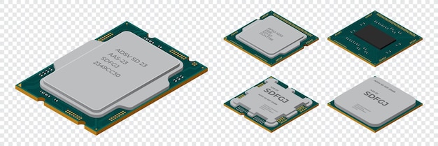 Zestaw procesora izometrycznego Jednostka centralna przetwarzania lub CPU Komponenty sprzętu komputerowego Koncepcja technologii półprzewodników Ilustracja wektorowa