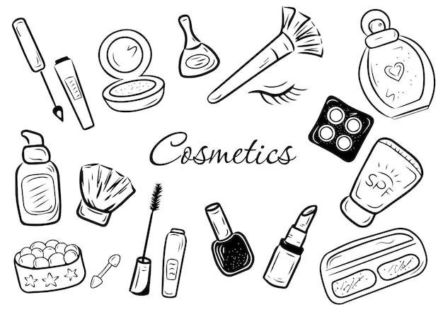 Zestaw Produktów Do Pielęgnacji Skóry I Makijażu Uroda I Kosmetyki Doodle Kolekcja Ikon Ilustracji Wektorowych