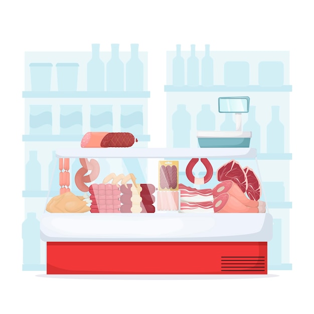 Zestaw produktów mięsnych na lodówce w supermarkecie