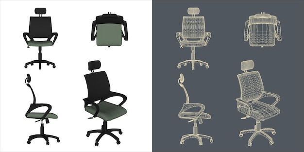 Plik wektorowy zestaw projektów koncepcji wektorowej ramy drutowej ergonomicznego krzesła