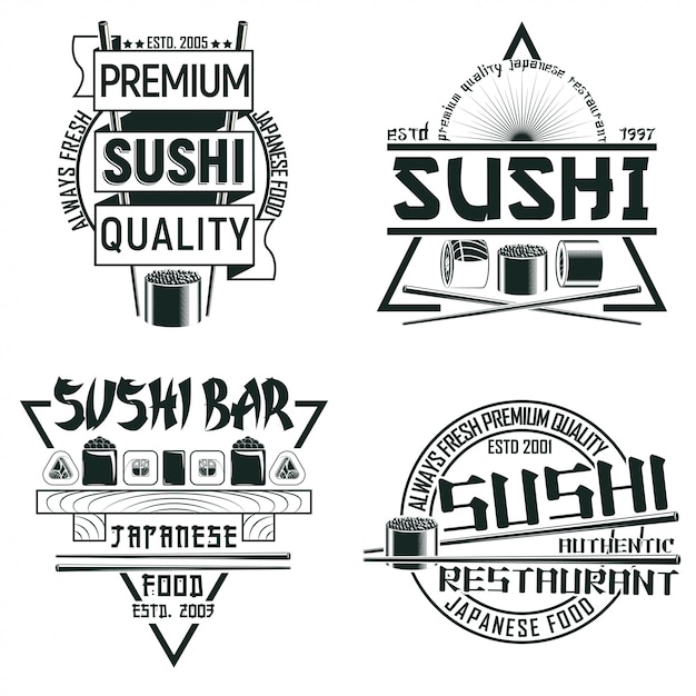 Zestaw Projektów Logo Vintage Sushi Bar, Znaczków Z Nadrukiem Folwarcznym, Kreatywnych Emblematów Typografii Japońskiej żywności,