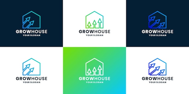 Zestaw Projektowania Logo Firmy Wzrostu. Dom I Strzałka W Górę łączą Się Z Kolorem Gradientu