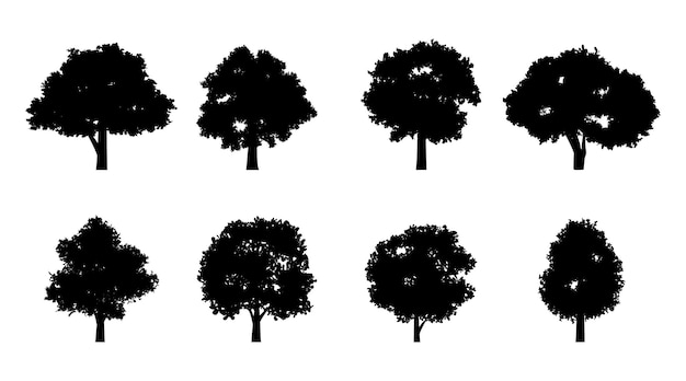 Zestaw Projektu Sylwetki Drzew W Kolorze Czarnym W Stylu Izolacji Dla Projektanta Graficznegoilustracja Wektorowa
