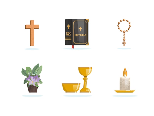 Zestaw przedmiotów religijnych Krzyż biblijny różaniec roślina kielich i świeca