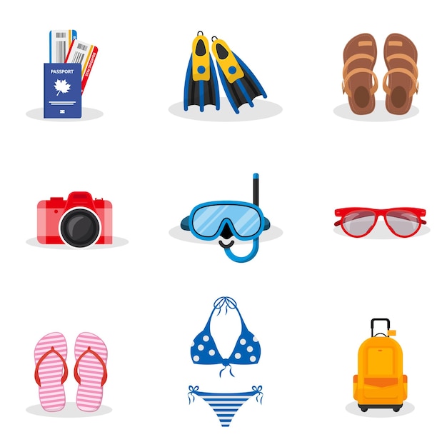 Zestaw przedmiotów wakacyjnych okulary przeciwsłoneczne płetwy maska do nurkowania strój kąpielowy klapki kurort morski i zajęcia na plaży!